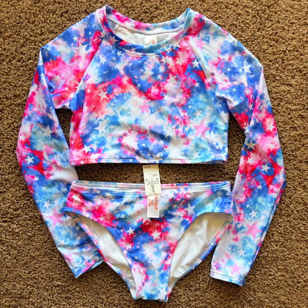 Cat & Jack Patriotic Tie Dye Stars Rash Guard Bikini Swim Bathing Suit XL 14 NWT
